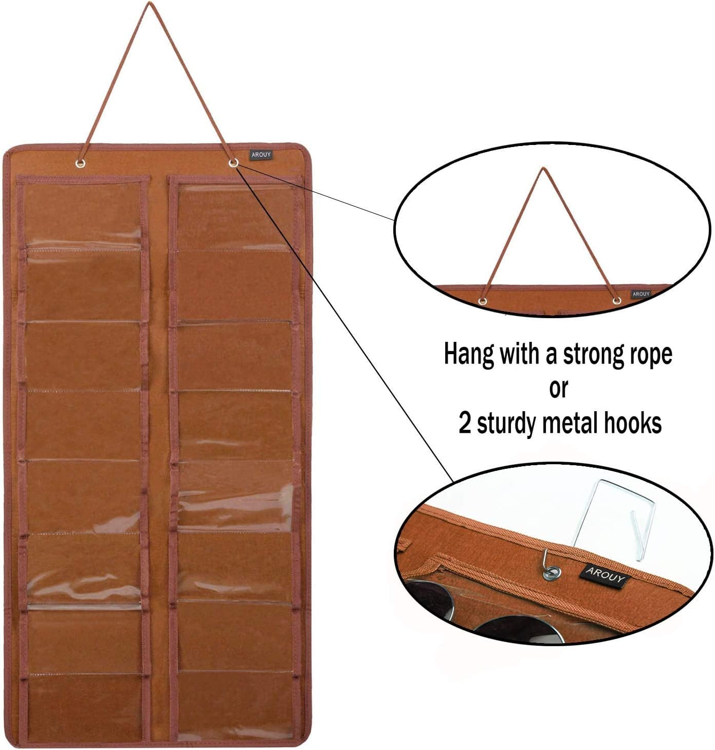 Sunglasses Organizer Storage, Hanging Dust Proof Wall Pocket Glasses Organizer - 16 Felt Slots Sunglass Organizer Holder with Metal Hook and Sturdy Rope (Brown, Dust Proof)