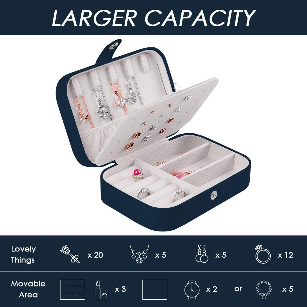 Travel Jewelry Organizer,Pu Leather Travel Jewelry Case,Double Layer Small Jewelry Box for Women Girls,Jewelry Organizer Box for Necklace,Ring,Earring (Navy Blue)