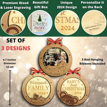 Set of 3 Babys First Christmas Photo Frame Ornament 2024 | My First Christmas Ornament with Photo Frame | Babys 1St Christmas Ornament 2024