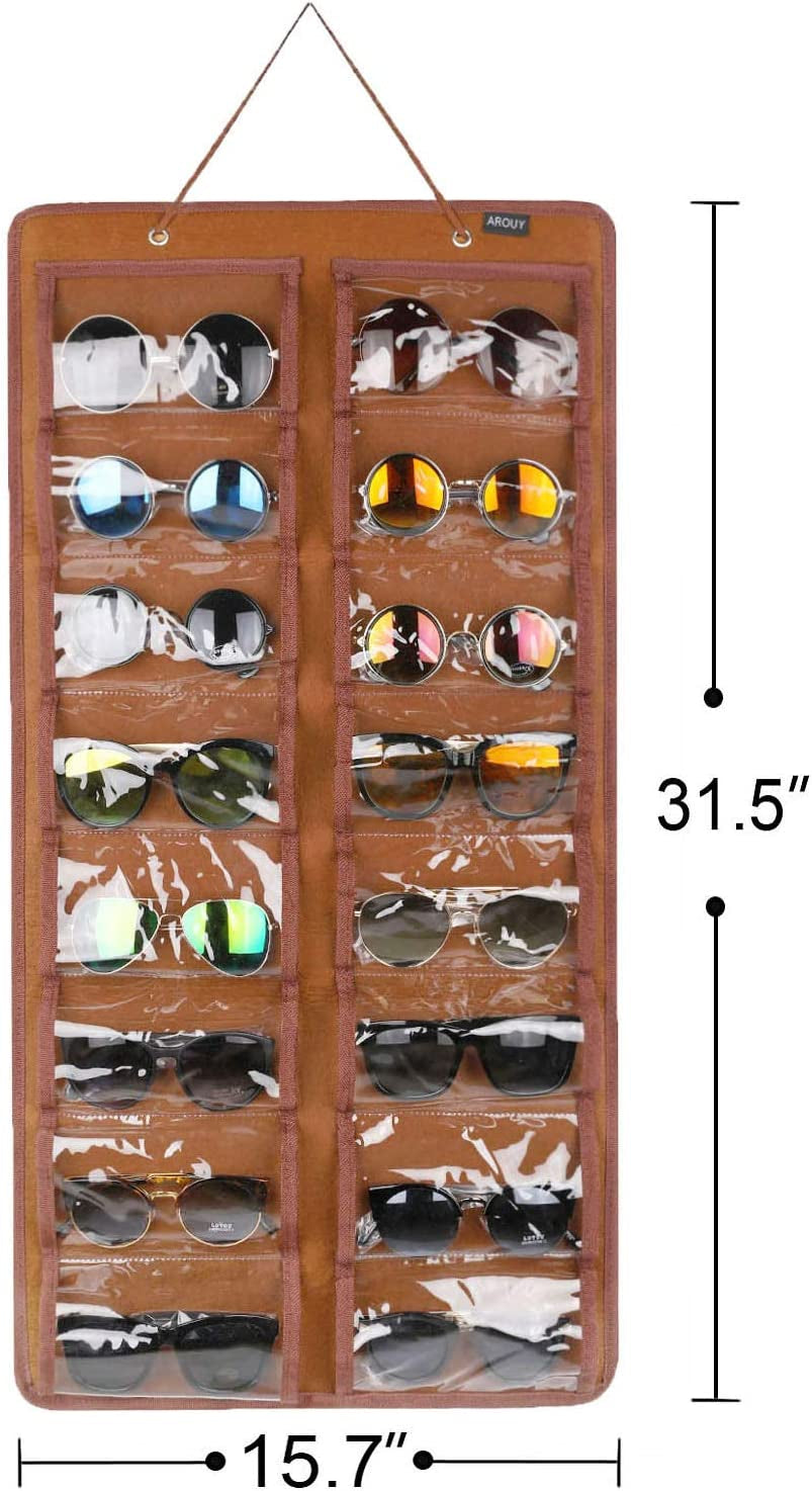 Sunglasses Organizer Storage, Hanging Dust Proof Wall Pocket Glasses Organizer - 16 Felt Slots Sunglass Organizer Holder with Metal Hook and Sturdy Rope (Brown, Dust Proof)