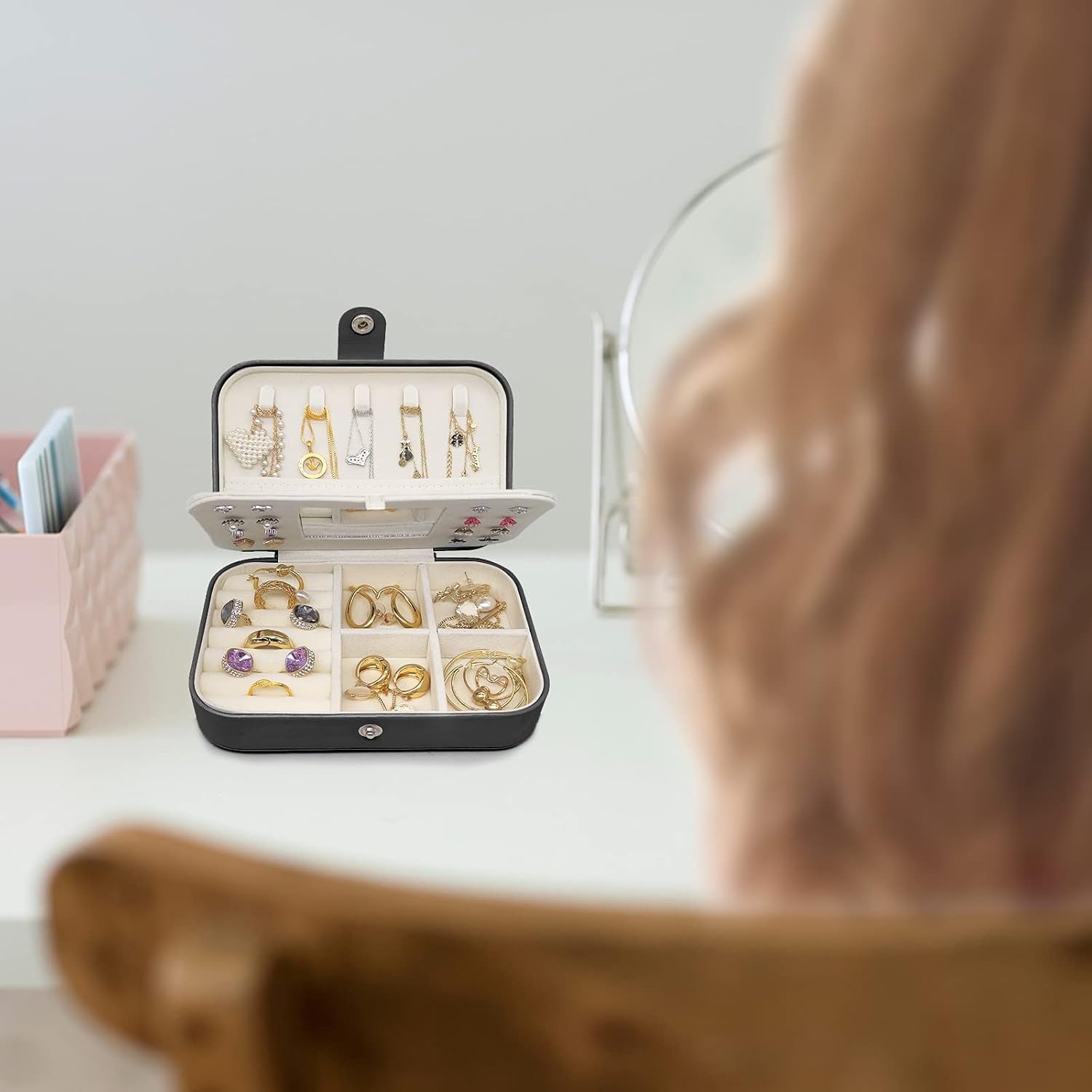 Small Jewelry Box - Mini Jewelry Box - Women Travel Jewelry Case, Portable Small Jewelry Organizer for Rings Earrings Necklace, Gifts for Girls Women (Black)
