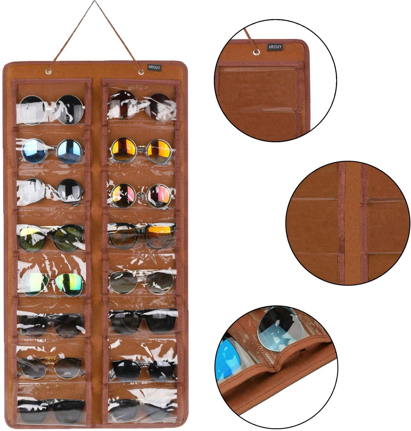 Sunglasses Organizer Storage, Hanging Dust Proof Wall Pocket Glasses Organizer - 16 Felt Slots Sunglass Organizer Holder with Metal Hook and Sturdy Rope (Brown, Dust Proof)