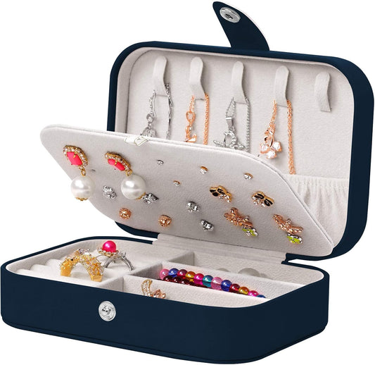 Travel Jewelry Organizer,Pu Leather Travel Jewelry Case,Double Layer Small Jewelry Box for Women Girls,Jewelry Organizer Box for Necklace,Ring,Earring (Navy Blue)