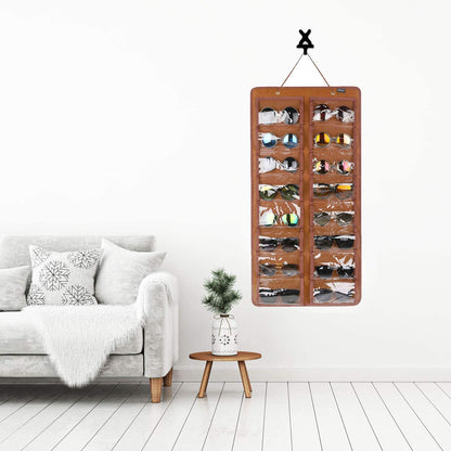 Sunglasses Organizer Storage, Hanging Dust Proof Wall Pocket Glasses Organizer - 16 Felt Slots Sunglass Organizer Holder with Metal Hook and Sturdy Rope (Brown, Dust Proof)
